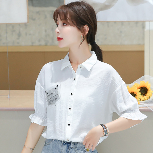 Cămașă modernă de șifon de damă cu mâneci 3/4 și guler clasic