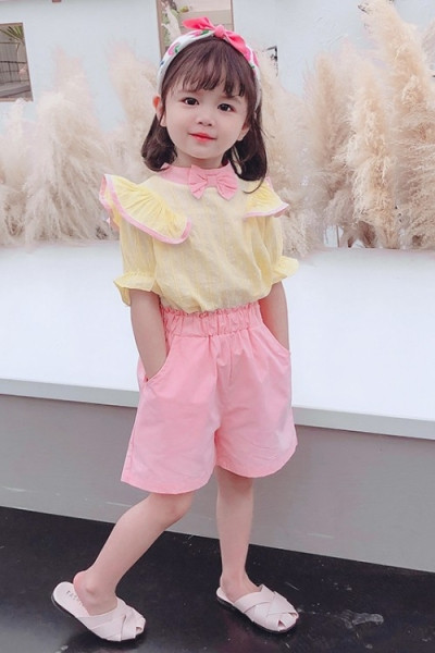 Set de vară pentru copii pentru fete, inclusiv o bluză cu panglică și pantaloni scurți
