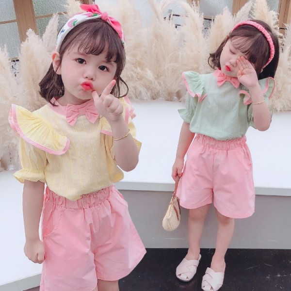 Set de vară pentru copii pentru fete, inclusiv o bluză cu panglică și pantaloni scurți
