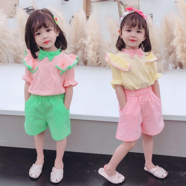 Set de vară pentru copii pentru fete, inclusiv o bluză cu panglică și pantaloni scurți