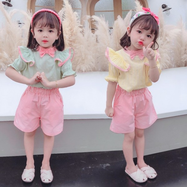 Set de vară pentru copii pentru fete, inclusiv o bluză cu panglică și pantaloni scurți