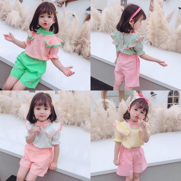 Set de vară pentru copii pentru fete, inclusiv o bluză cu panglică și pantaloni scurți