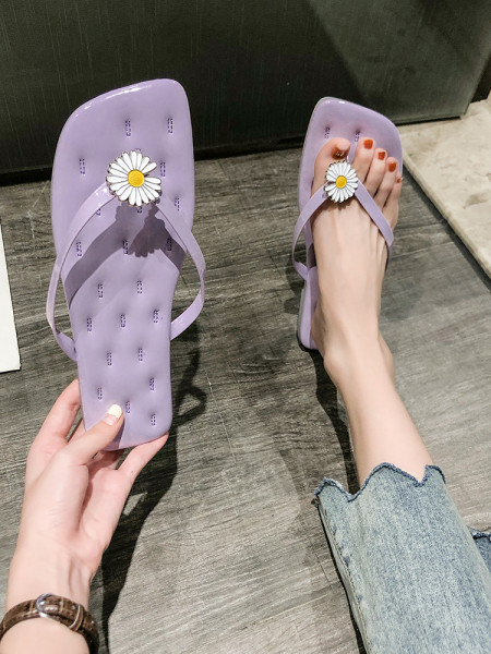 Papuci casual de dama peste deget cu decor 3D in forma de floare