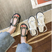 Sandale casual dama din imitatie de piele cu talpa plata si perle