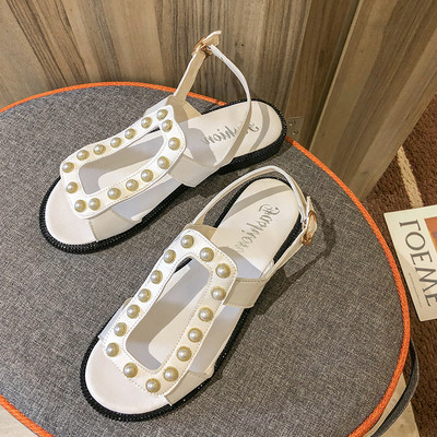 Sandale casual dama din imitatie de piele cu talpa plata si perle