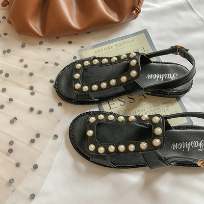 Sandale casual dama din imitatie de piele cu talpa plata si perle