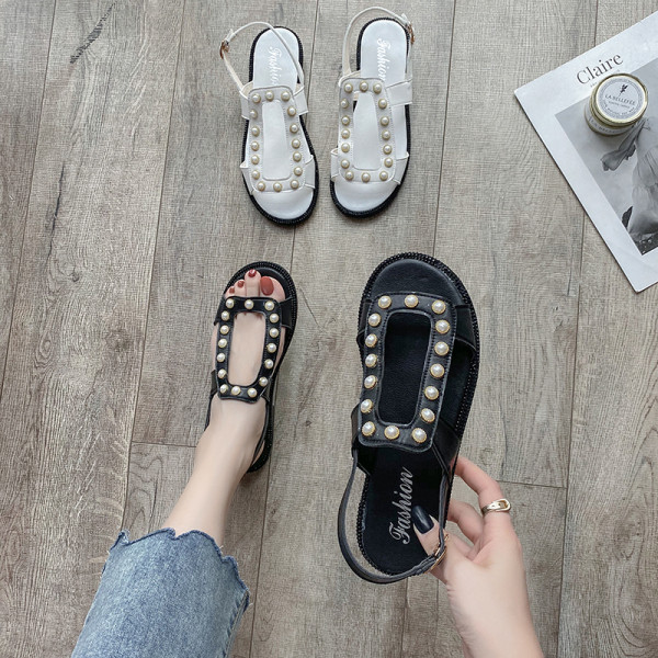 Naiste vabaaja sandaalid kunstnahast lameda talla ja pärlitega