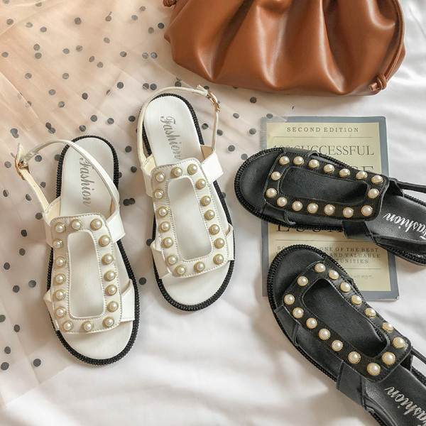 Naiste vabaaja sandaalid kunstnahast lameda talla ja pärlitega