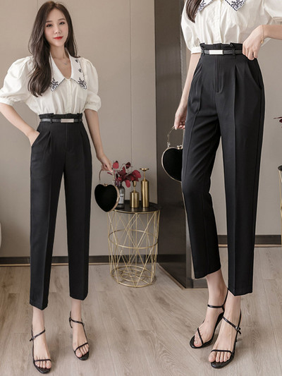Модерен дамски 9/10 панталон с висока талия и колан 