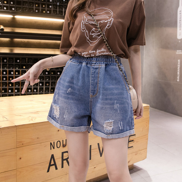 Широки дамски къси дънки с висока ластична талия и скъсани мотиви - размери до 5XL