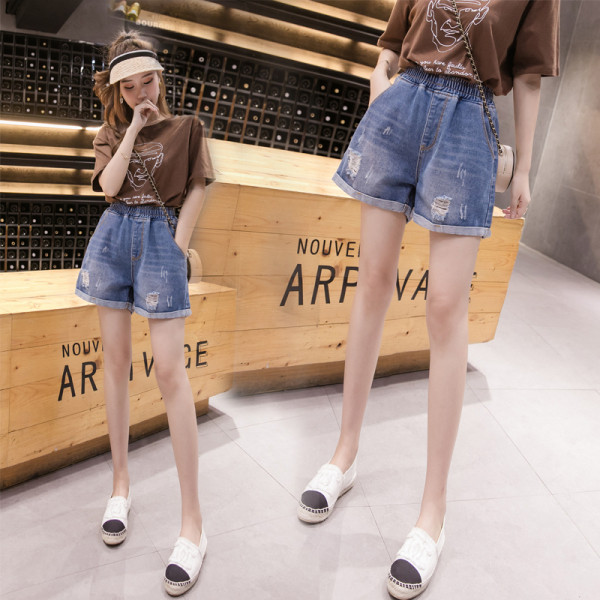 Широки дамски къси дънки с висока ластична талия и скъсани мотиви - размери до 5XL