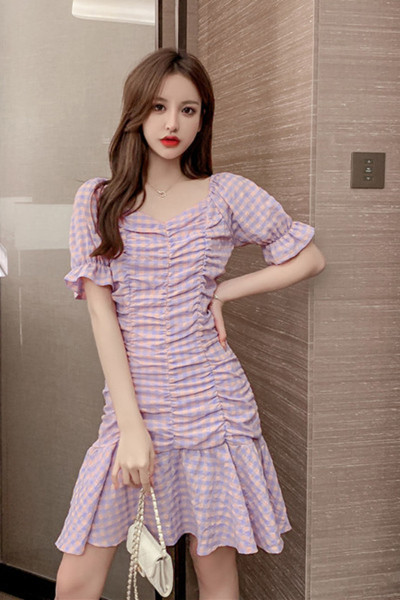 Rochie de dama mov cu maneci 3/4 si decolteu in V