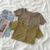 Tricou dama in dungi cu nasturi si decolteu rotund