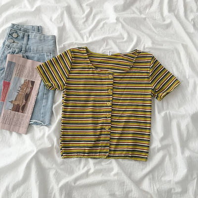 Tricou dama in dungi cu nasturi si decolteu rotund