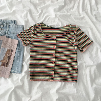 Tricou dama in dungi cu nasturi si decolteu rotund