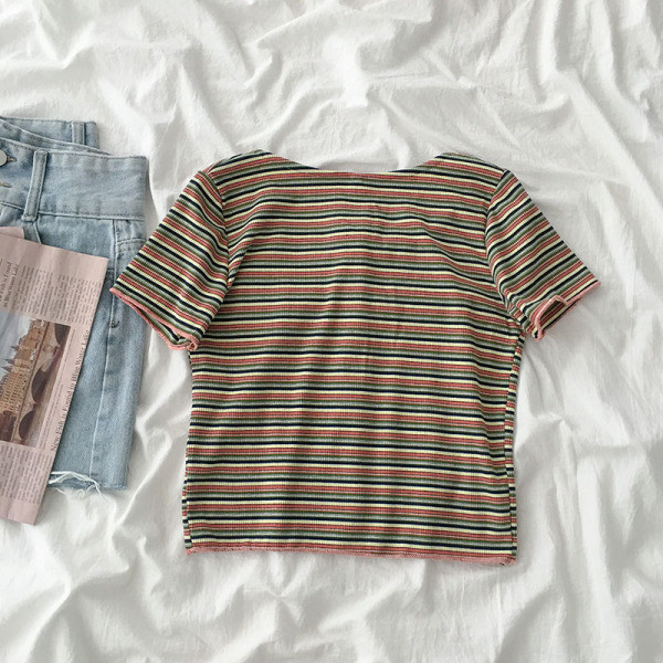 Tricou dama in dungi cu nasturi si decolteu rotund