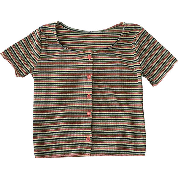 Tricou dama in dungi cu nasturi si decolteu rotund