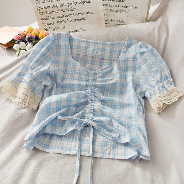 Bluză retro de damă cu decolteu pătrat și cravate