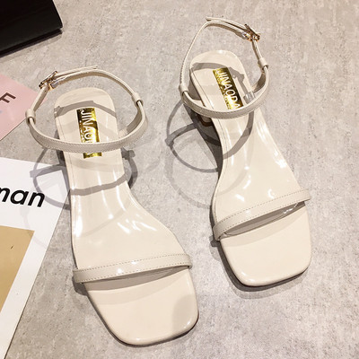 Sandale de dama din piele lacuita cu toc patrat jos