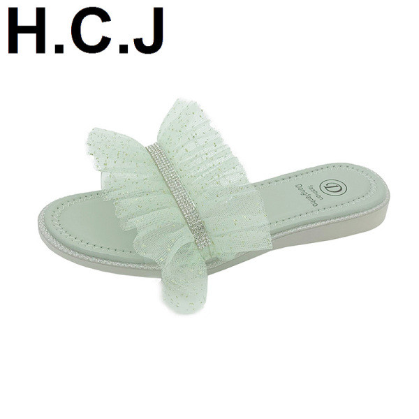 Papuci de damă cu talpă plată și element din tul