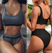Costum de baie modern din două piese cu efect strălucitor și pantaloni cu talie înaltă
