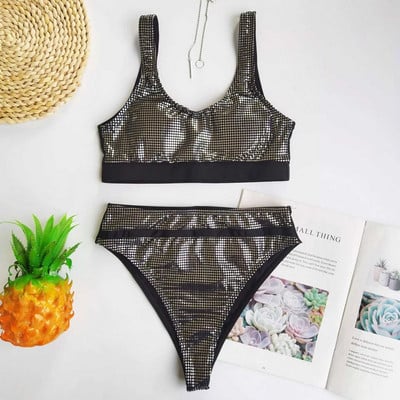 Costum de baie modern din două piese cu efect strălucitor și pantaloni cu talie înaltă