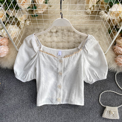 Ρετρό γυναικεία μπλούζα με κουμπιά και δαντέλα