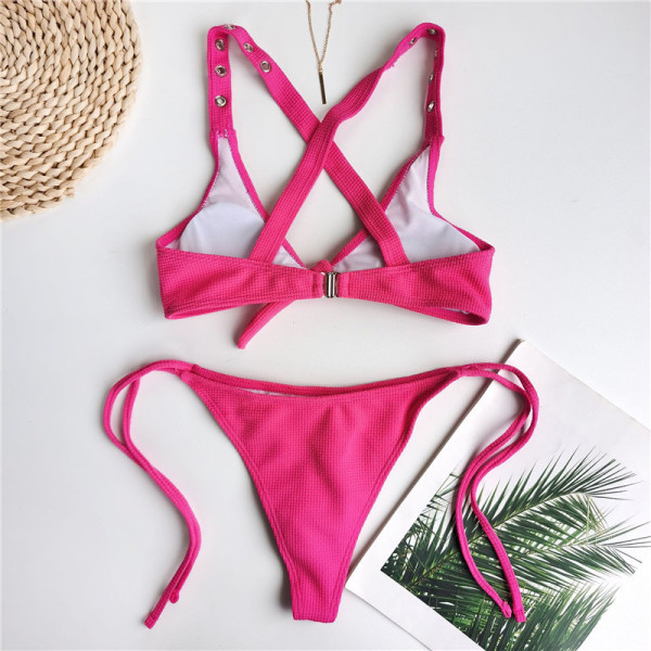 Γυναικείο ροζ μαγιό δύο  με μεταλλικά στοιχεία και κορδόνια