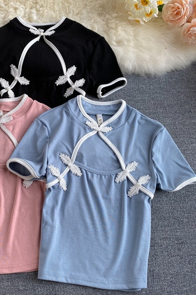 Ρετρό γυναικεία μπλούζα με κοντά μανίκια και δαντέλα