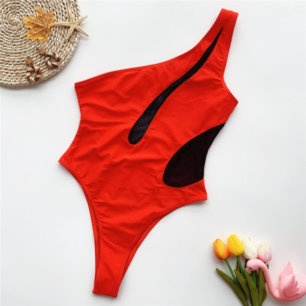 Punane ühe rihma, väljalõigete ja võrguga ujumistrikoo