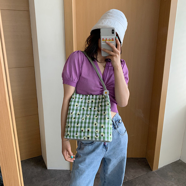 Geanta de dama eleganta in carouri cu model floral