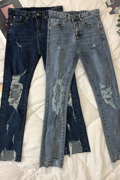 Blugi de dama de primavara Model slim cu talie inalta si motive rupte