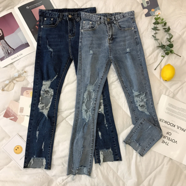 Blugi de dama de primavara Model slim cu talie inalta si motive rupte