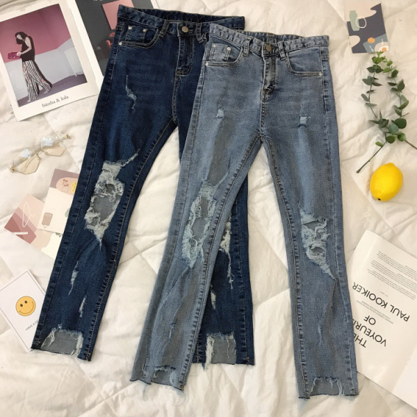 Blugi de dama de primavara Model slim cu talie inalta si motive rupte