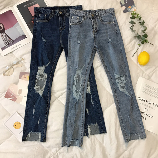 Blugi de dama de primavara Model slim cu talie inalta si motive rupte