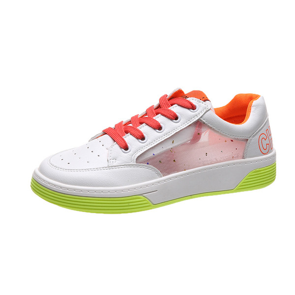 Tenisi albi de dama din piele cu talpa si sireturi colorate