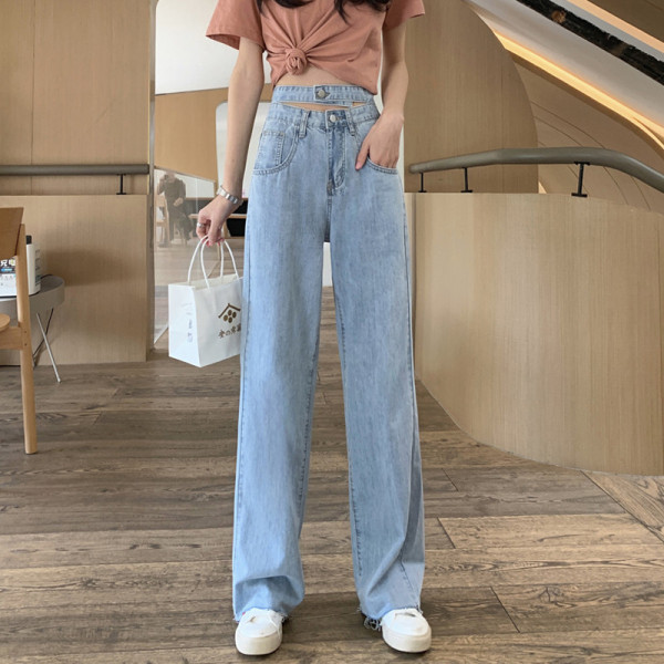 Blugi de dama moderni model lat cu talie inalta si parte decupata