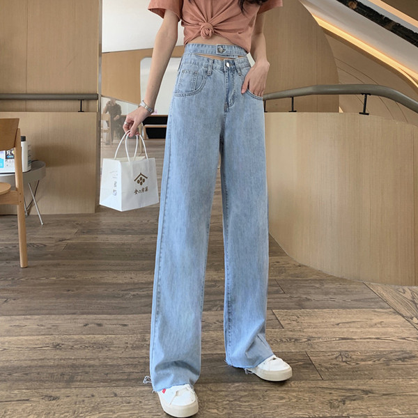 Blugi de dama moderni model lat cu talie inalta si parte decupata