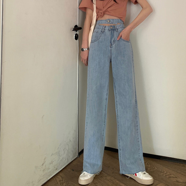 Blugi de dama moderni model lat cu talie inalta si parte decupata