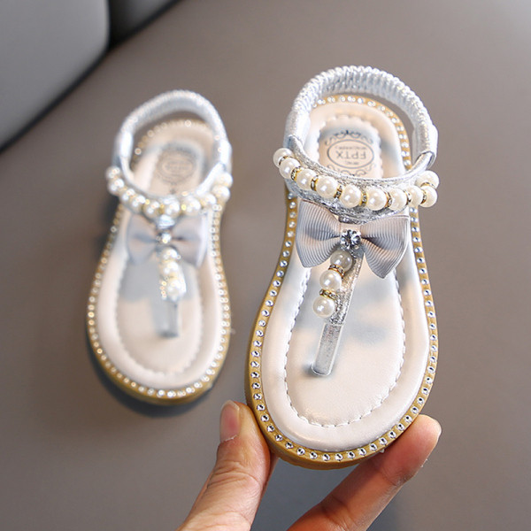 Sandale pentru copii actuale cu perle si panglica