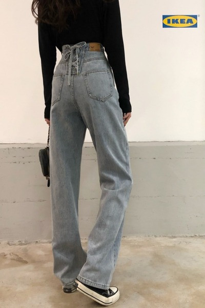 Blugi largi de dama cu talie inalta si legaturi in talie