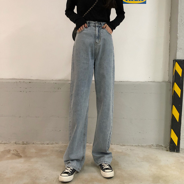 Blugi largi de dama cu talie inalta si legaturi in talie