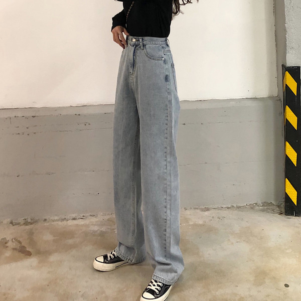 Blugi largi de dama cu talie inalta si legaturi in talie