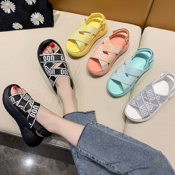 Sandale casual dama cu talpa inalta si bretele colorate