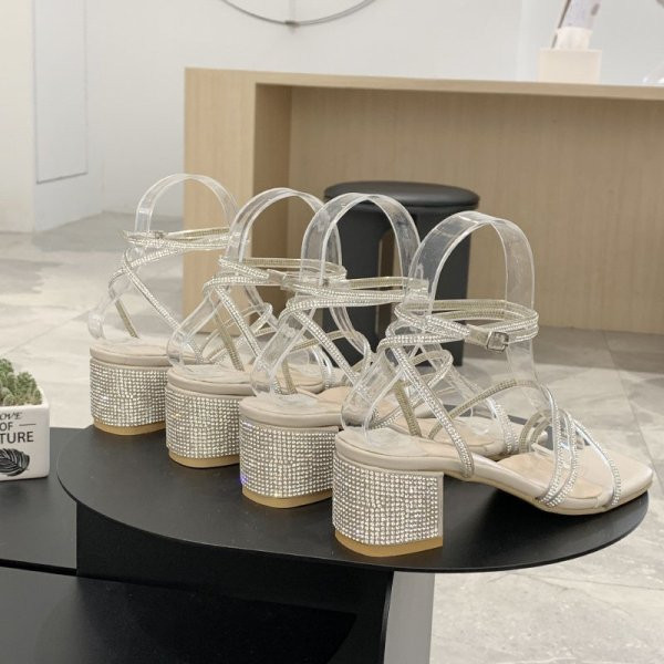 Sandale dama cu toc patrat si element - pietre pe bretele