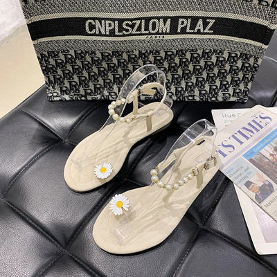 Sandale casual de damă cu talpă plată și element cu flori