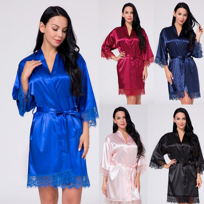 Women`s satin bathrobe with V-neck and lace elements
