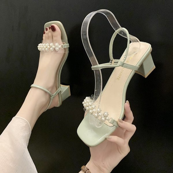 Sandale de damă moderne cu toc pătrat scăzut și element perlat