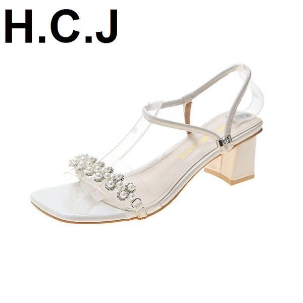 Sandale de damă moderne cu toc pătrat scăzut și element perlat