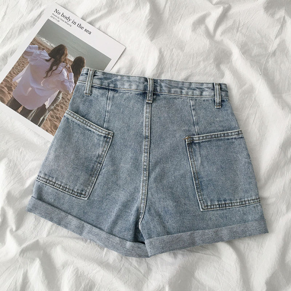 Moodsad naiste lühikesed teksad taskute ja kõrge vöökohaga